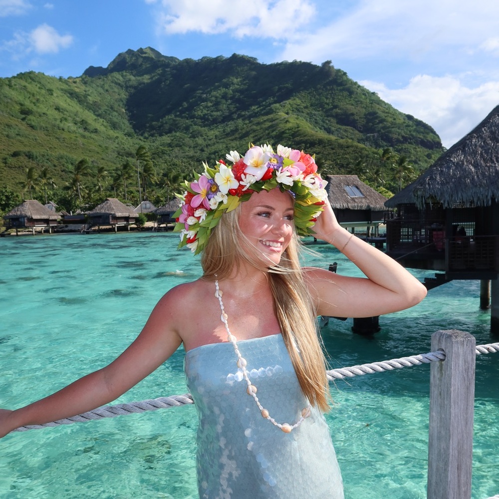 STAUD Pale Blue Strapless Maxi Dress with Floral Headpiece
